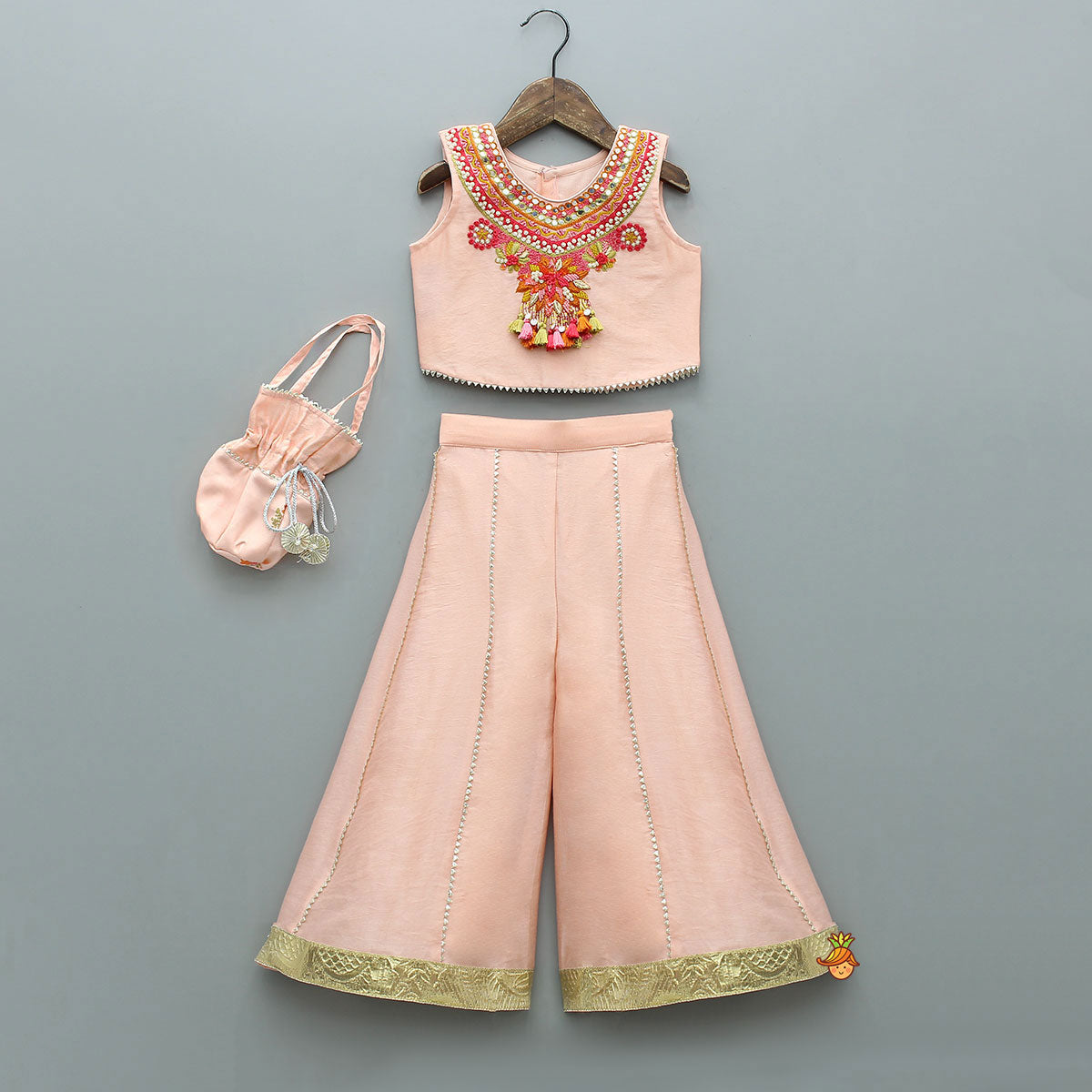 Pre Order: Faux Mirror Embellished Stylish Sleeveless Top With Palazzo And Potli Bag