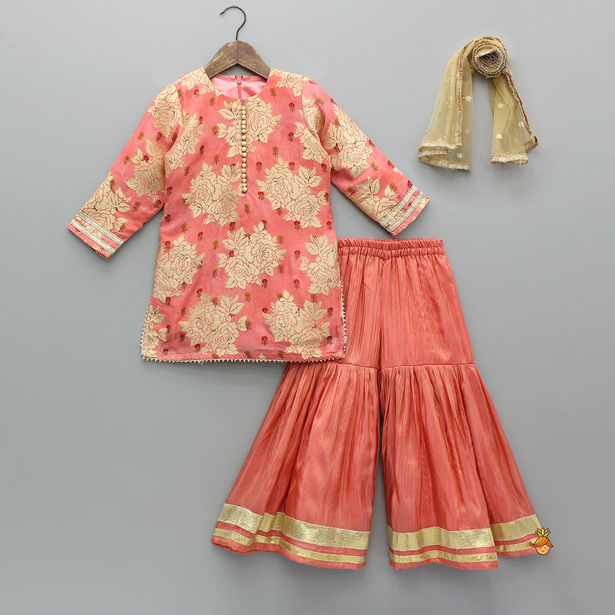 Pre Order: Potli Button-Detail Floral Brocade Kurti With Striped Sharara And Dupatta