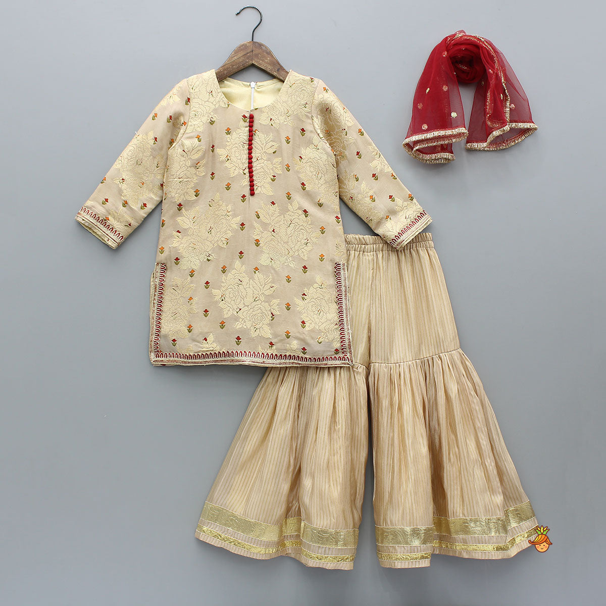 Pre Order: Potli Button-Detail Floral Brocade Gorgeous Kurti With Striped Sharara And Dupatta