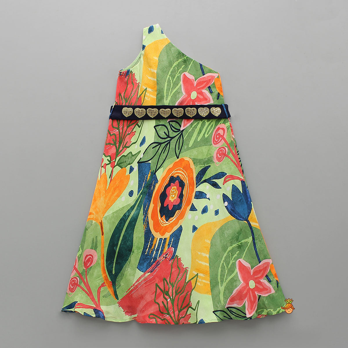 Pre Order: Exquisite One Shoulder Multicolour Printed Dress With Heart Embroidered Belt
