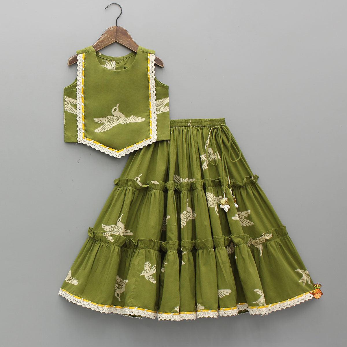 Pre Order: Bird-Printed Sleeveless Top With Tiered Lehenga
