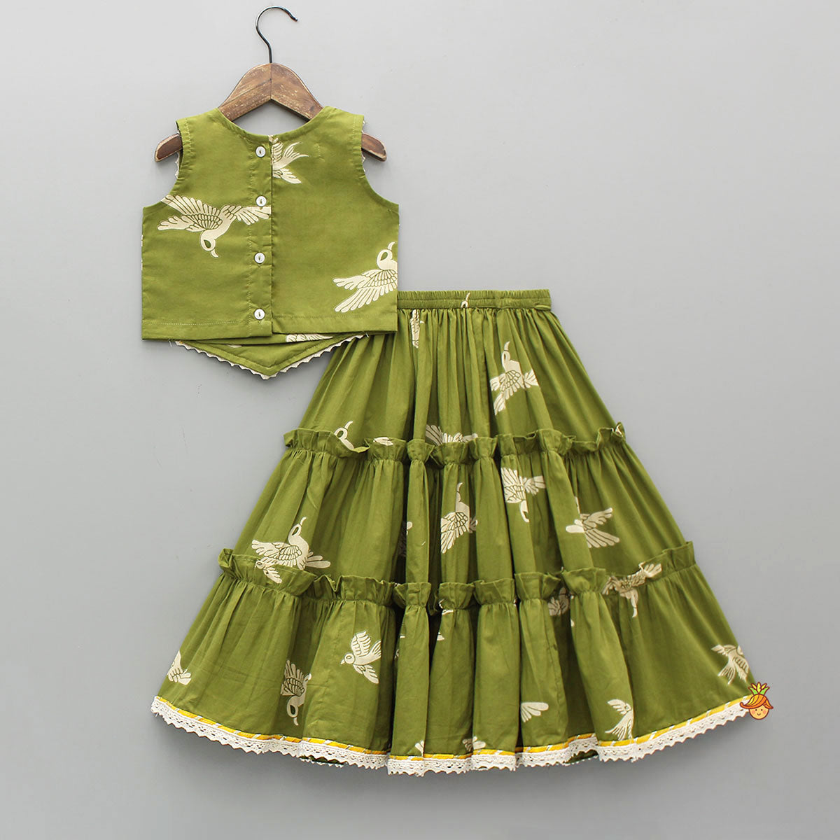 Pre Order: Bird-Printed Sleeveless Top With Tiered Lehenga