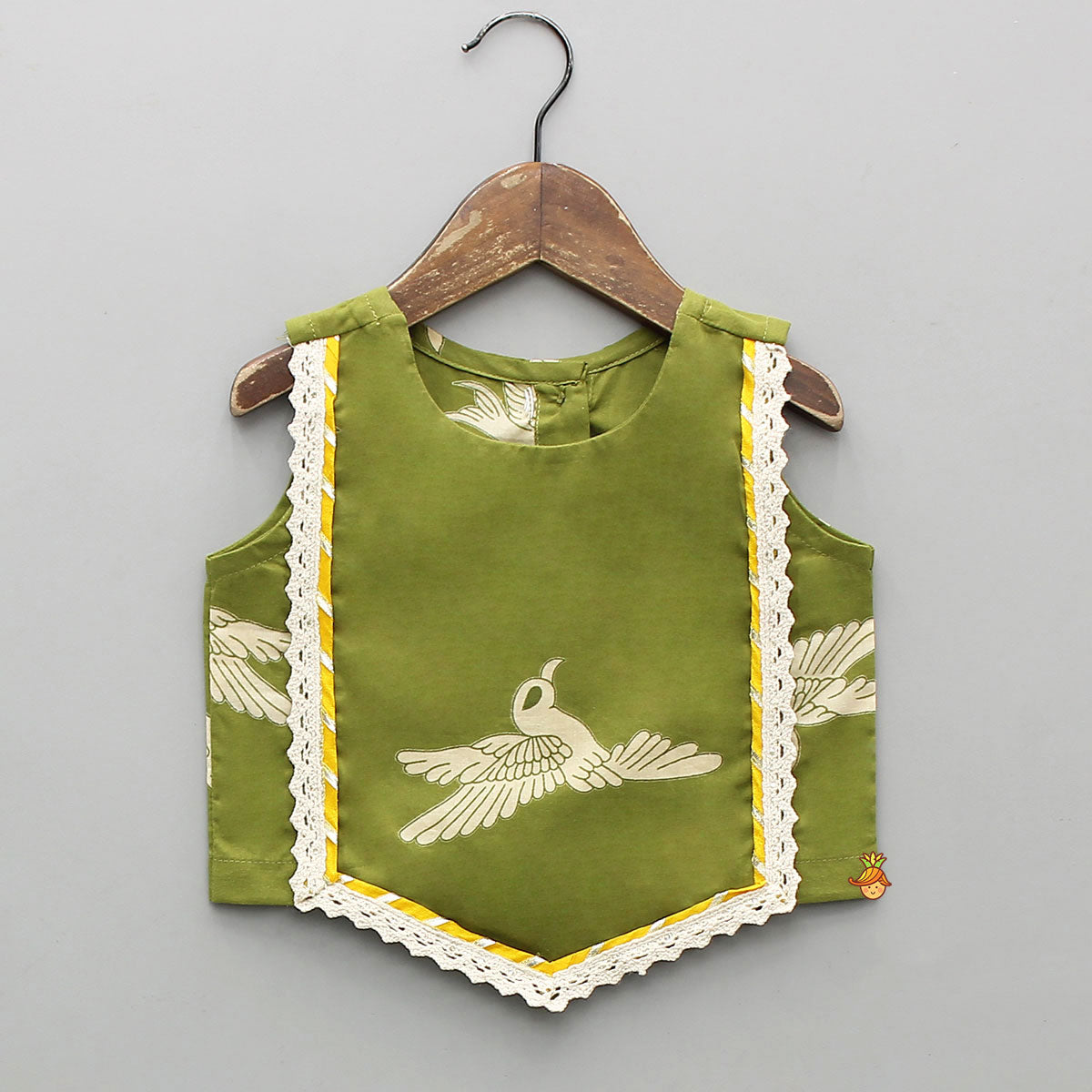 Pre Order: Bird-Printed Sleeveless Top With Tiered Lehenga