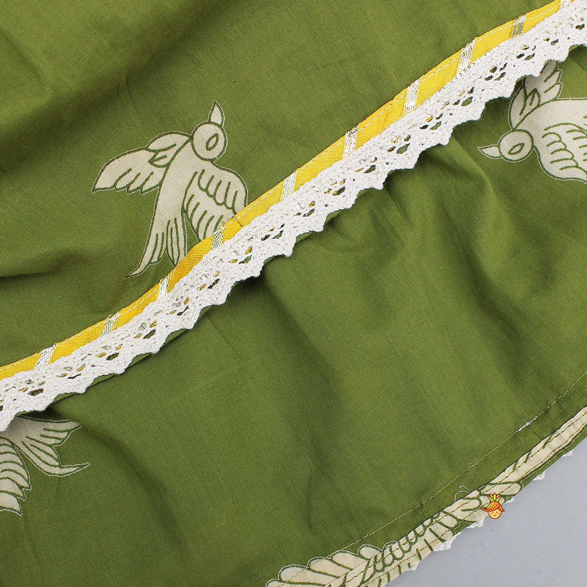 Pre Order: Bird-Printed Sleeveless Top With Tiered Lehenga