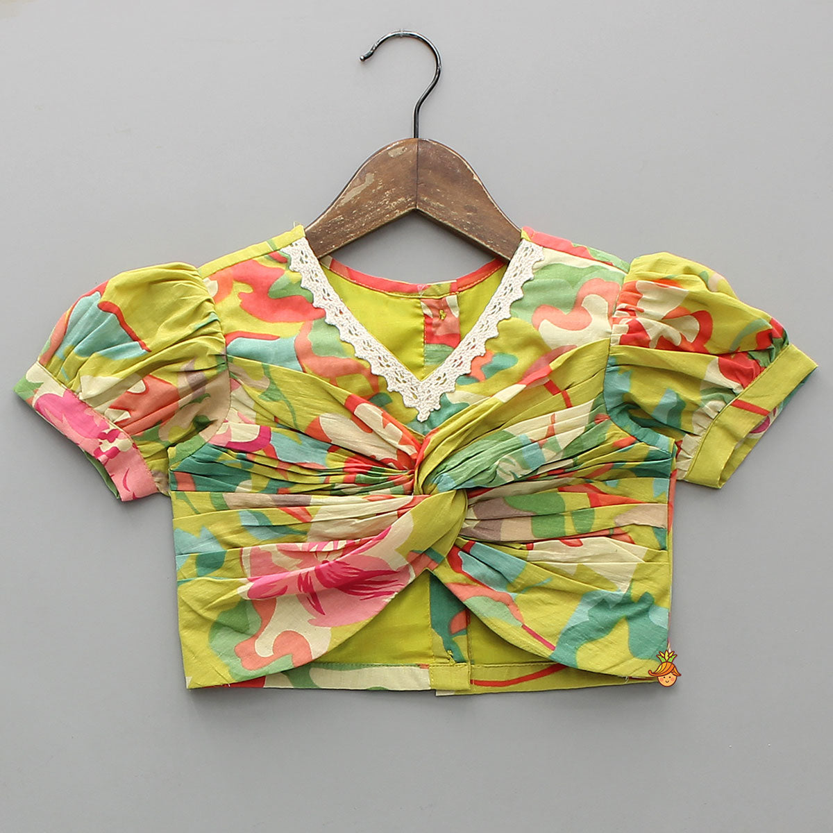 Pre Order: Floral Printed Knot-Designed Top And Lehenga