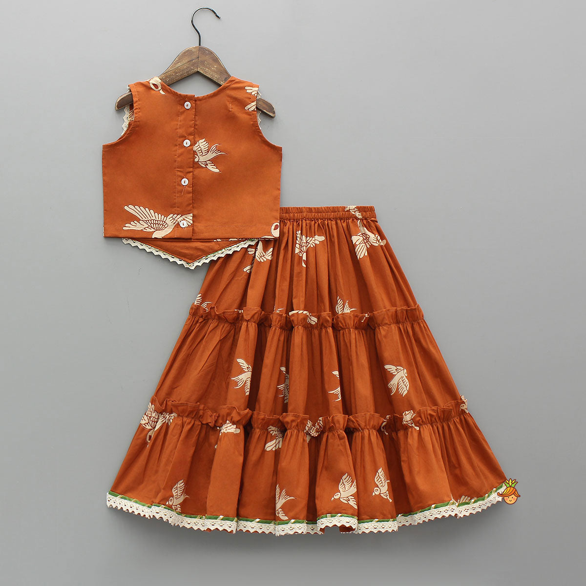 Pre Order: Bird-Printed Sleeveless Ethnic Top With Tiered Lehenga
