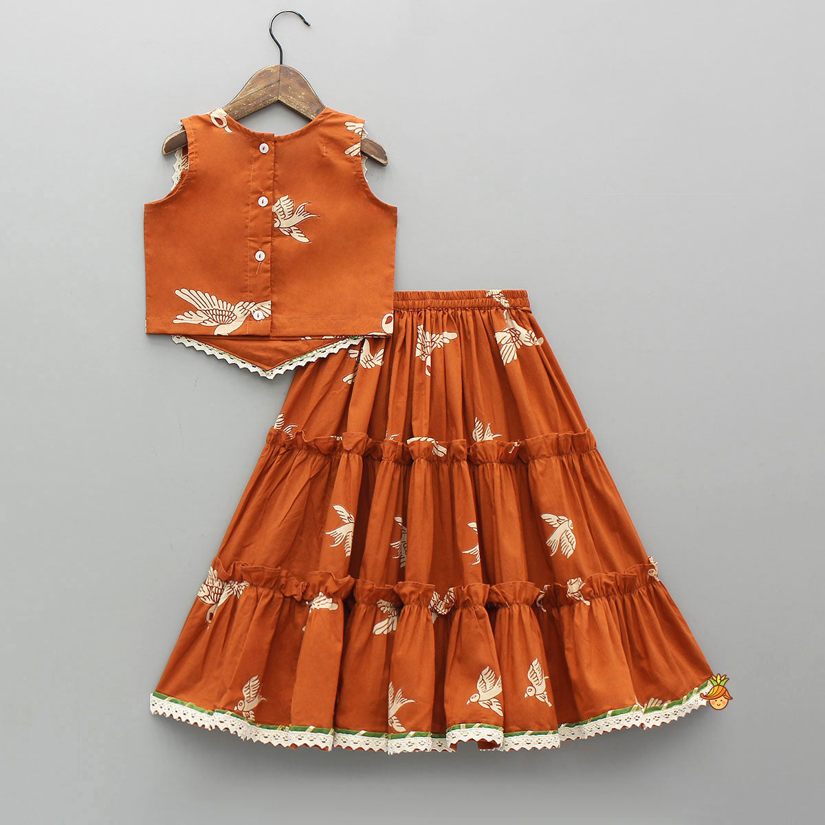 Pre Order: Bird-Printed Sleeveless Ethnic Top With Tiered Lehenga