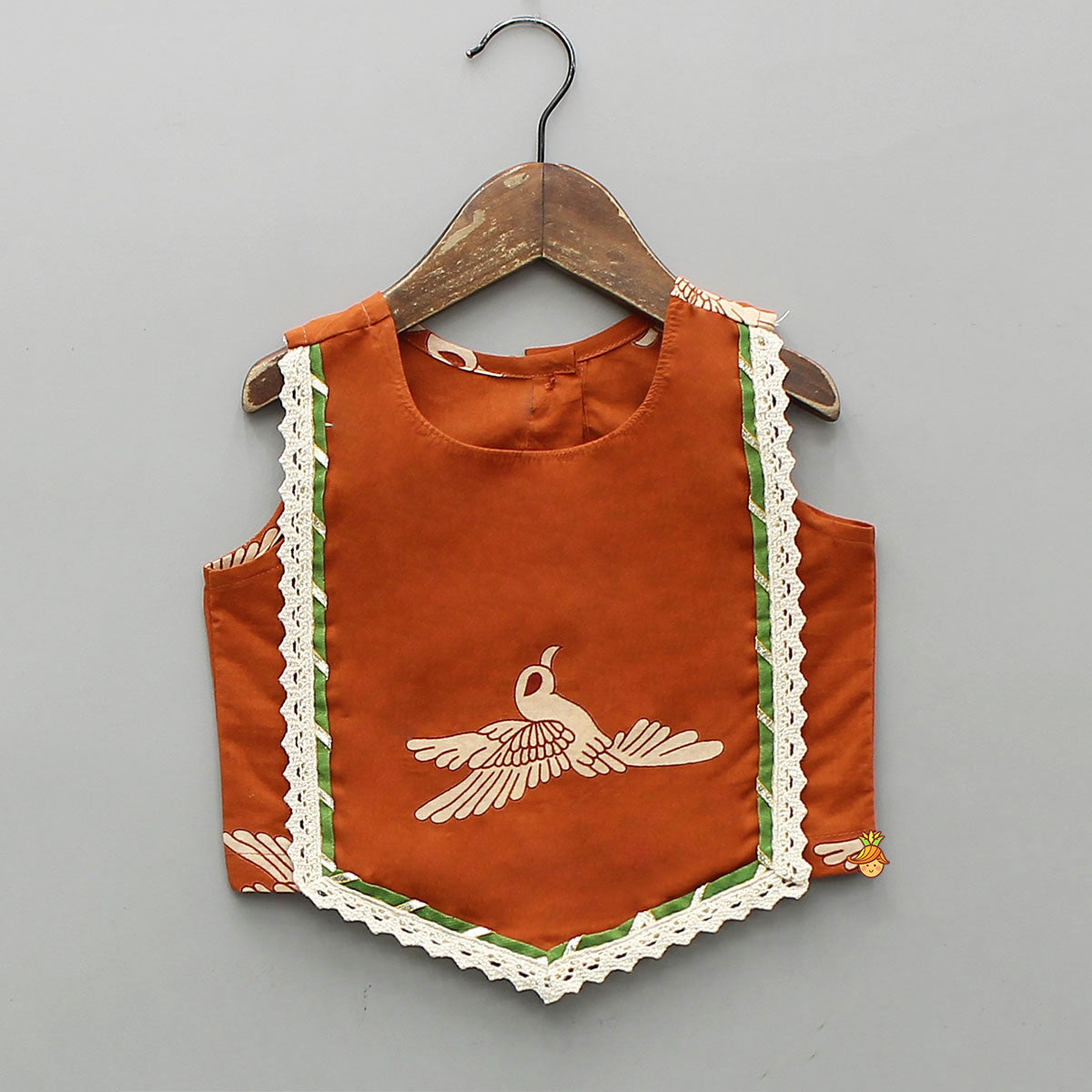 Pre Order: Bird-Printed Sleeveless Ethnic Top With Tiered Lehenga