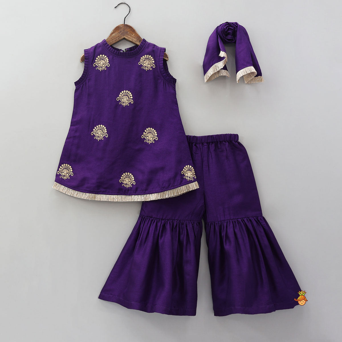 Pre Order: Sequin Embroidered Pleat Detailed Kurti With Sharara And Dupatta