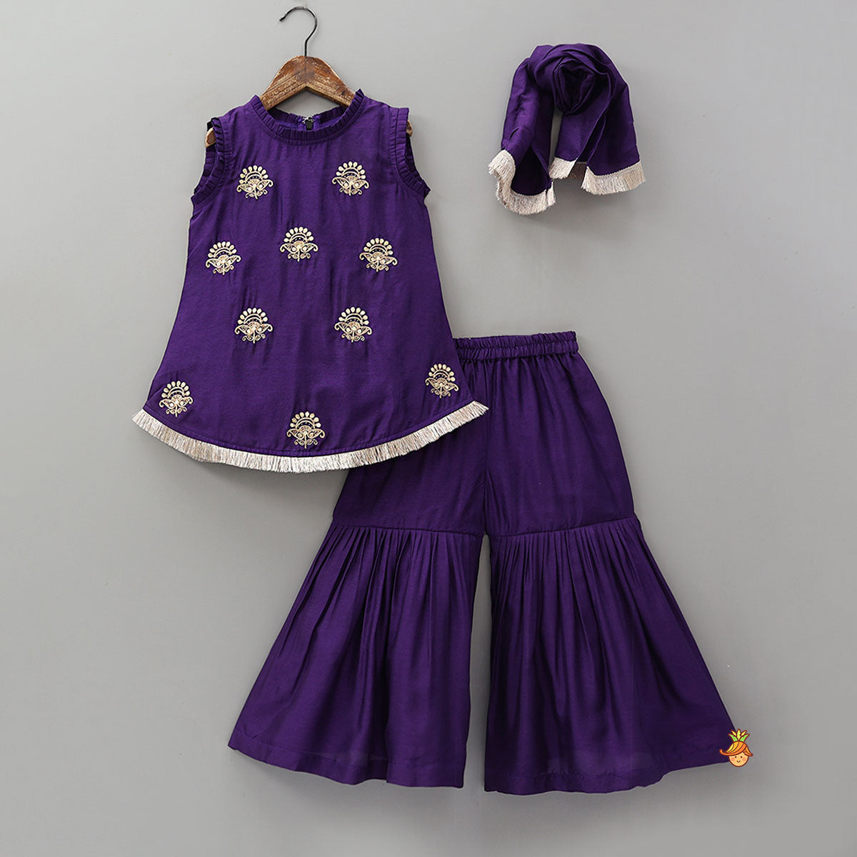 Pre Order: Sequin Embroidered Pleat Detailed Kurti With Sharara And Dupatta