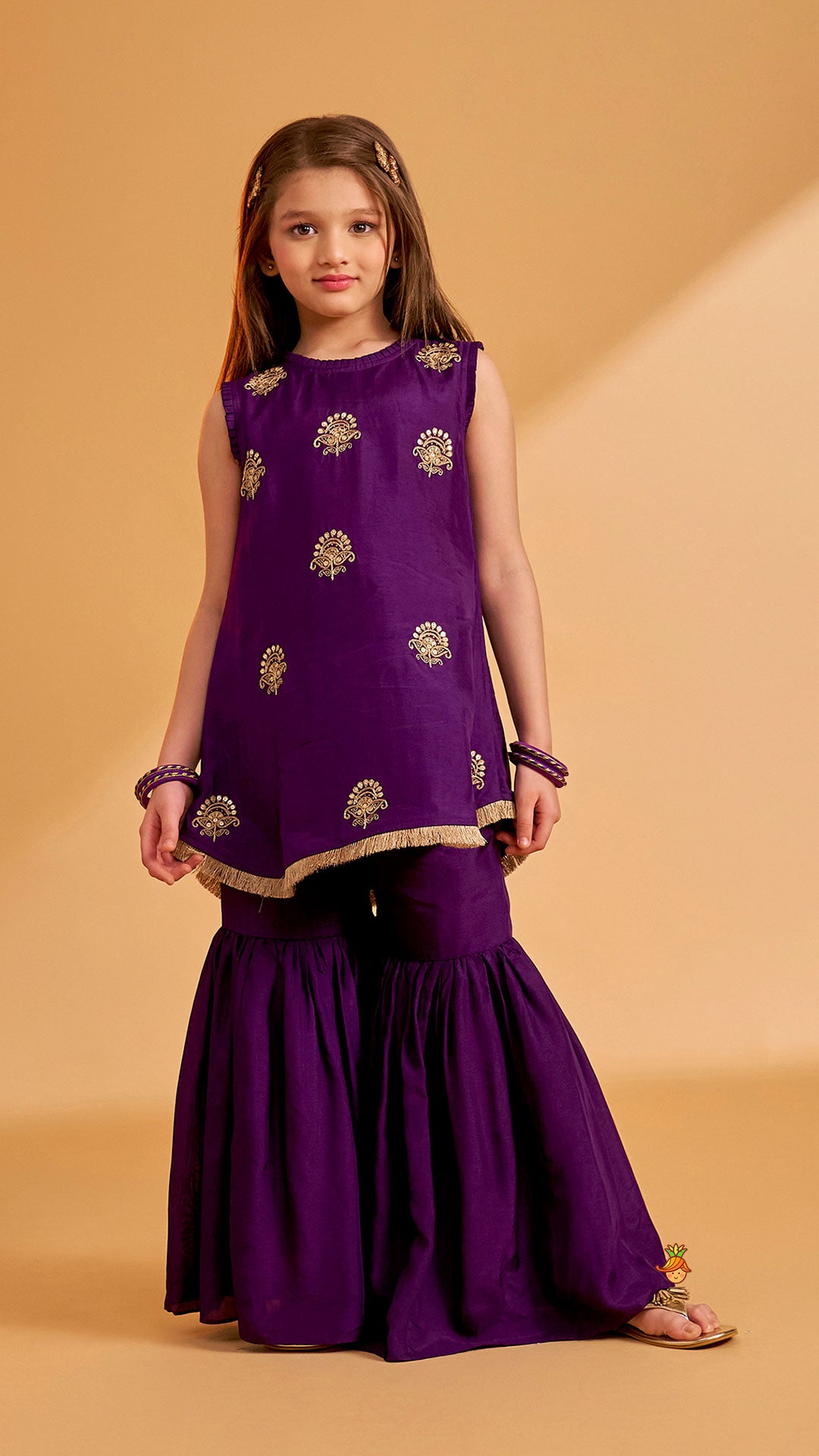 Pre Order: Sequin Embroidered Pleat Detailed Kurti With Sharara And Dupatta