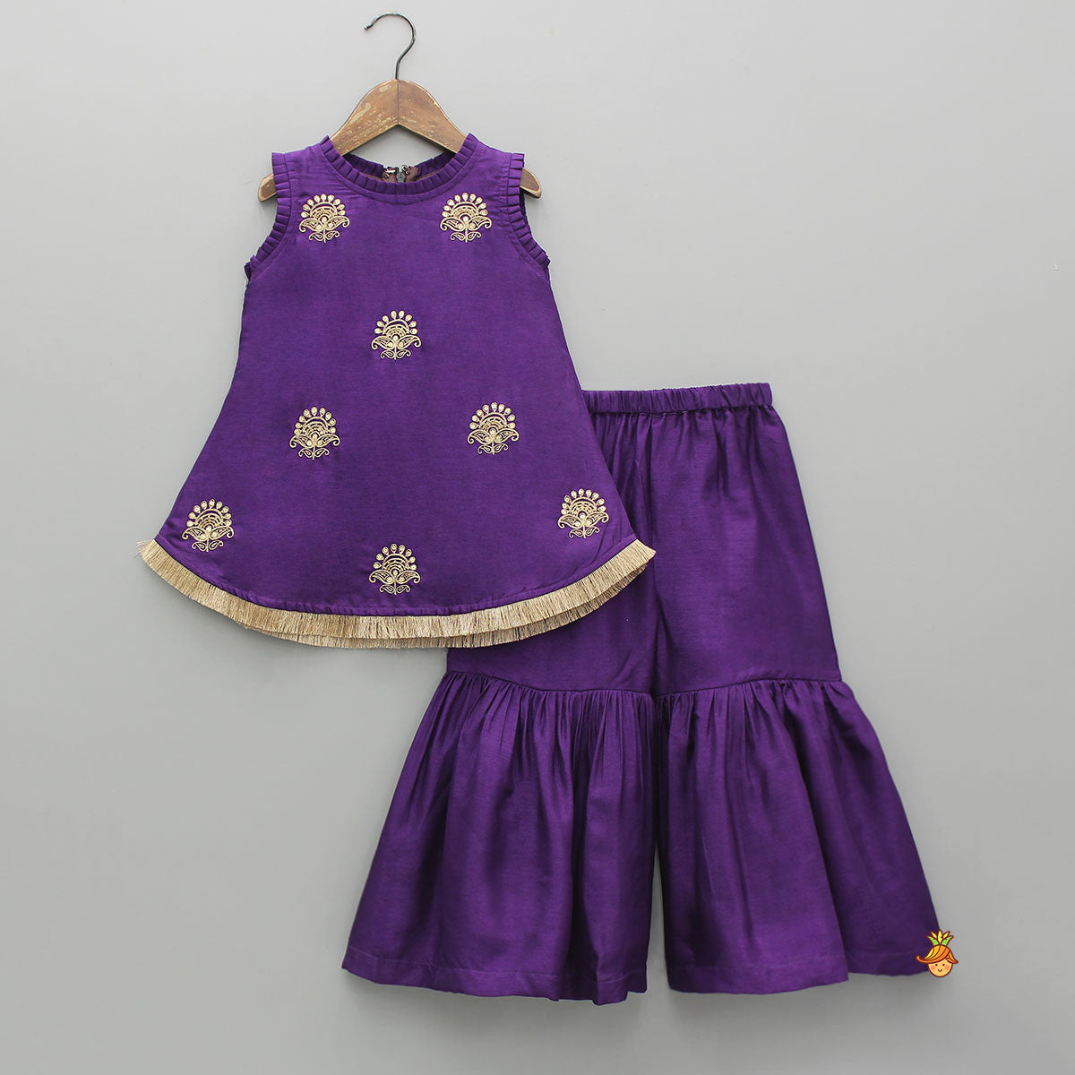 Pre Order: Sequin Embroidered Pleat Detailed Kurti With Sharara And Dupatta