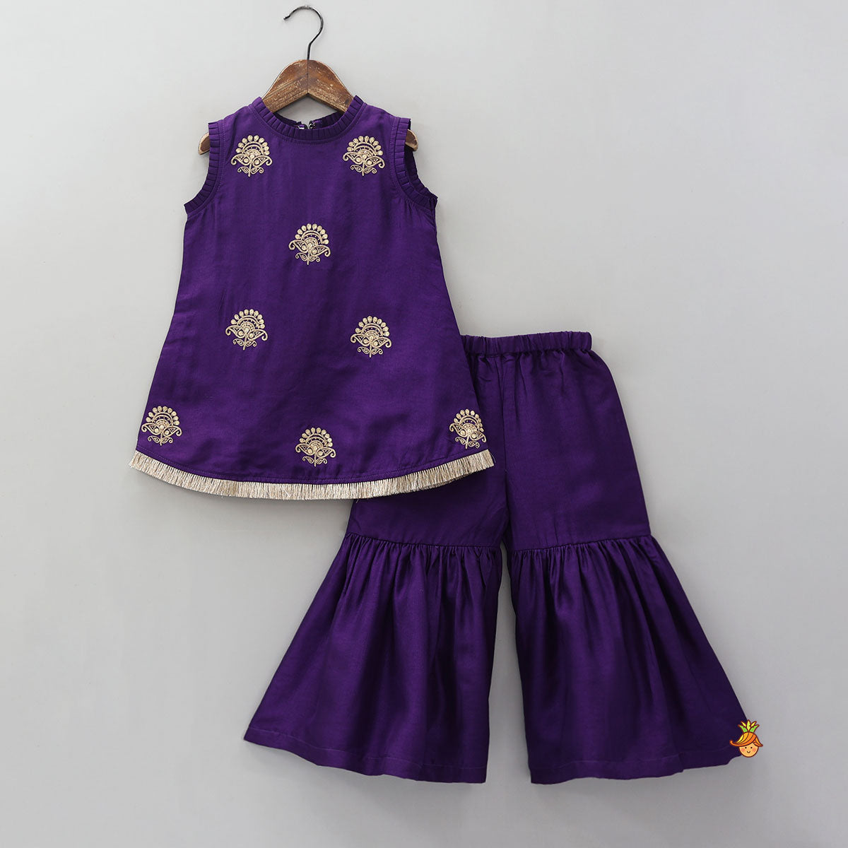 Pre Order: Sequin Embroidered Pleat Detailed Kurti With Sharara And Dupatta