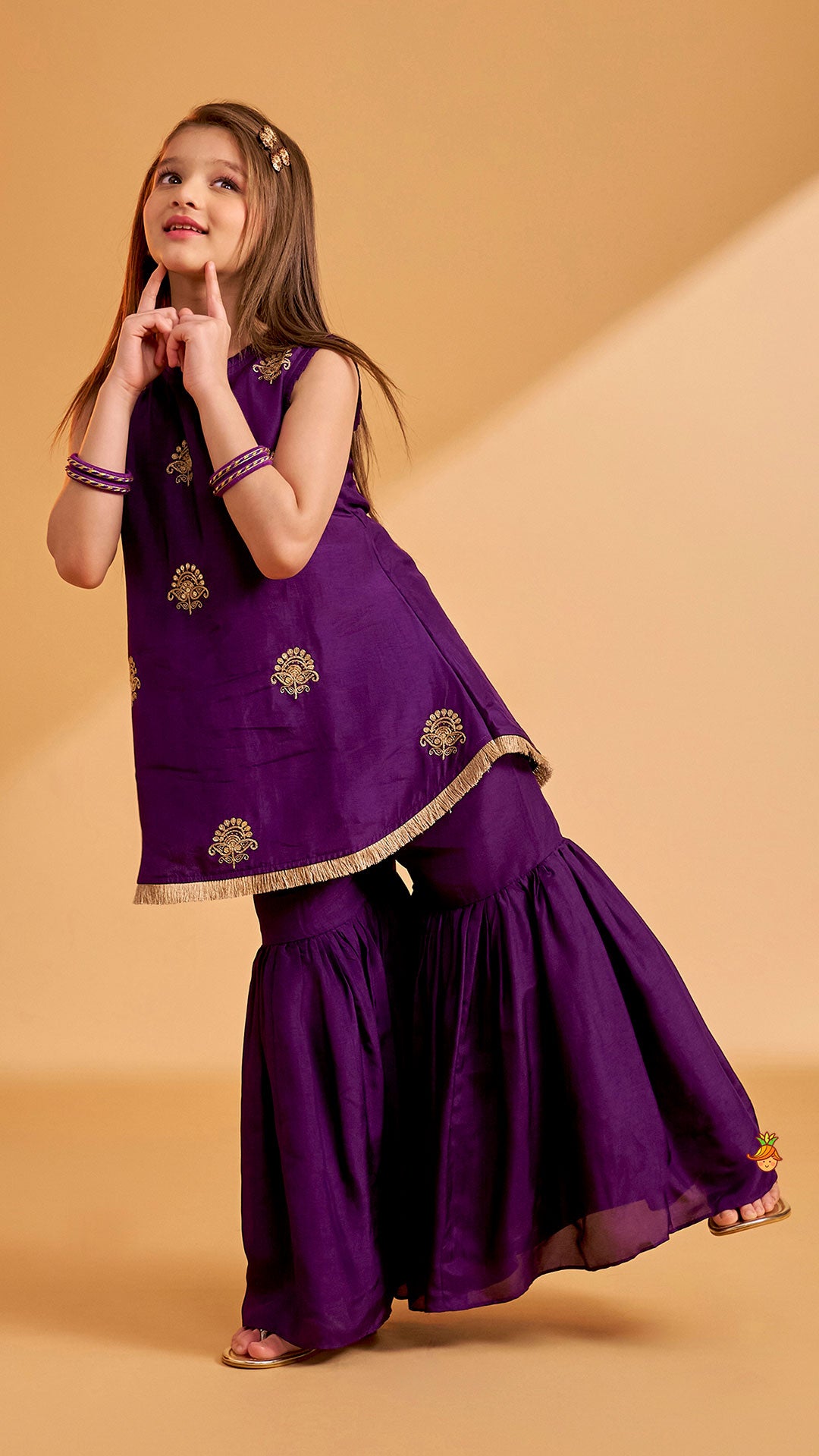 Pre Order: Sequin Embroidered Pleat Detailed Kurti With Sharara And Dupatta