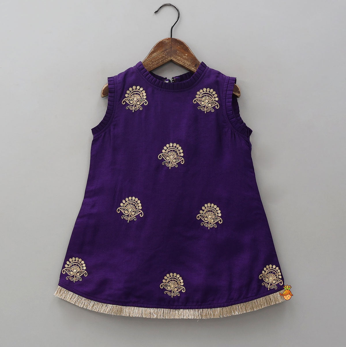 Pre Order: Sequin Embroidered Pleat Detailed Kurti With Sharara And Dupatta