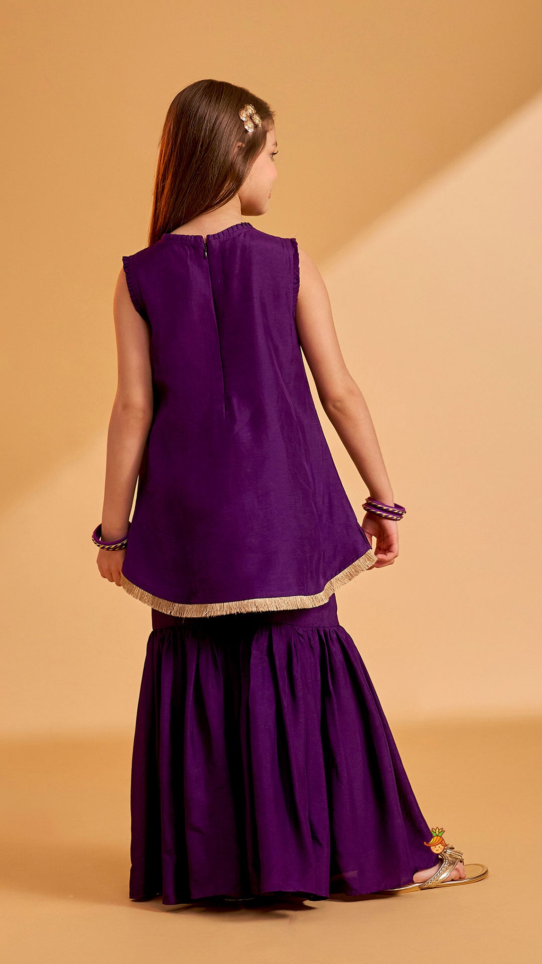 Pre Order: Sequin Embroidered Pleat Detailed Kurti With Sharara And Dupatta