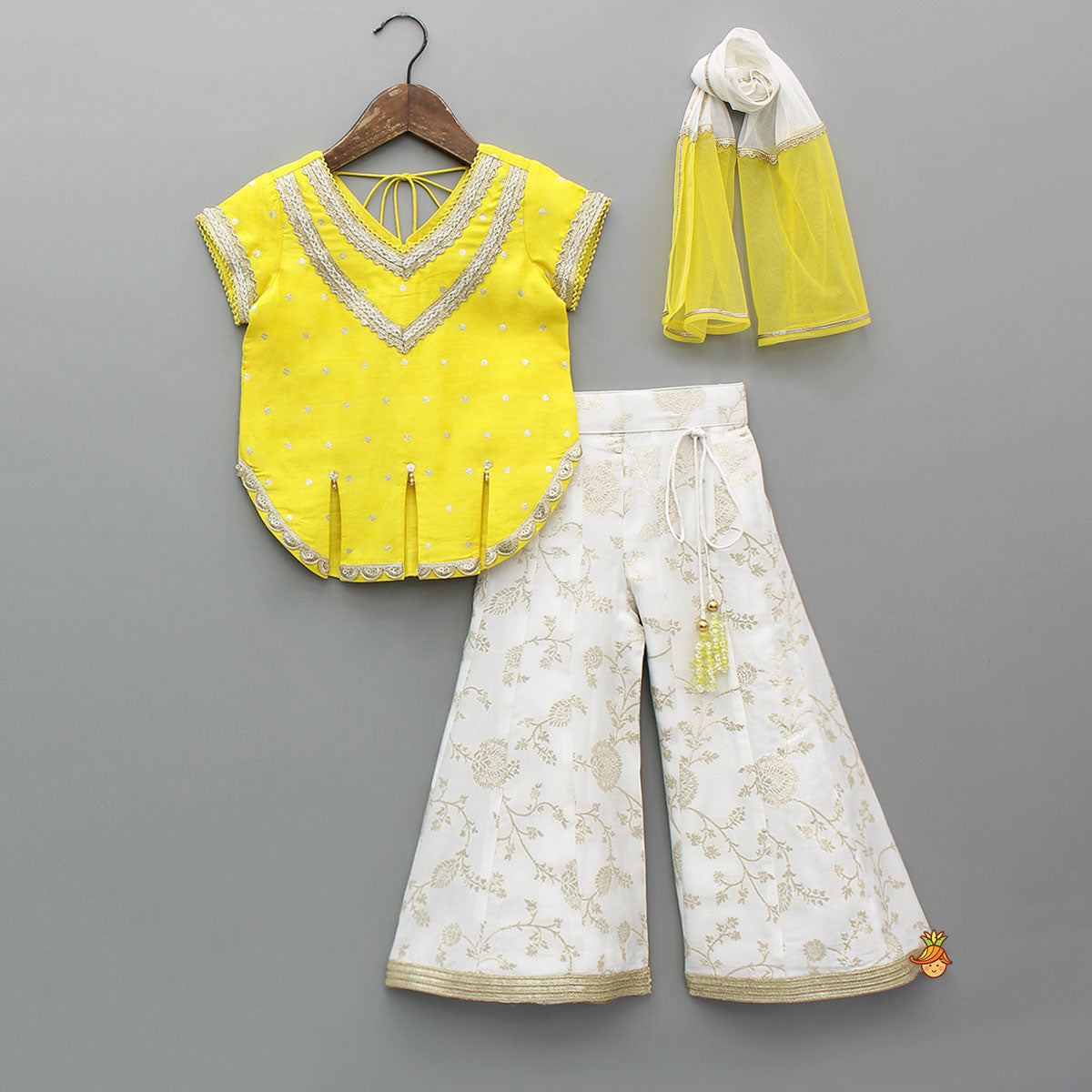 Pre Order: Curved Hem V-Neck Top With Brocade Palazzo And Dual-Tone Dupatta