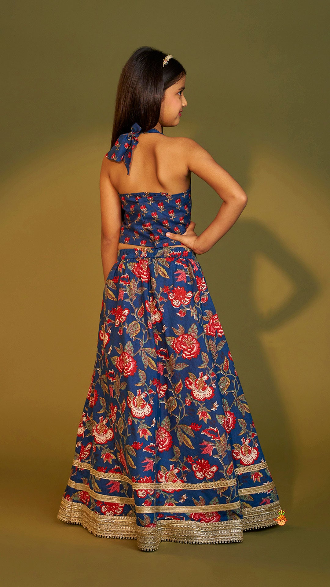 Pre Order: Floral Printed Halter Neck Cotton Top With Floral Printed Lehenga