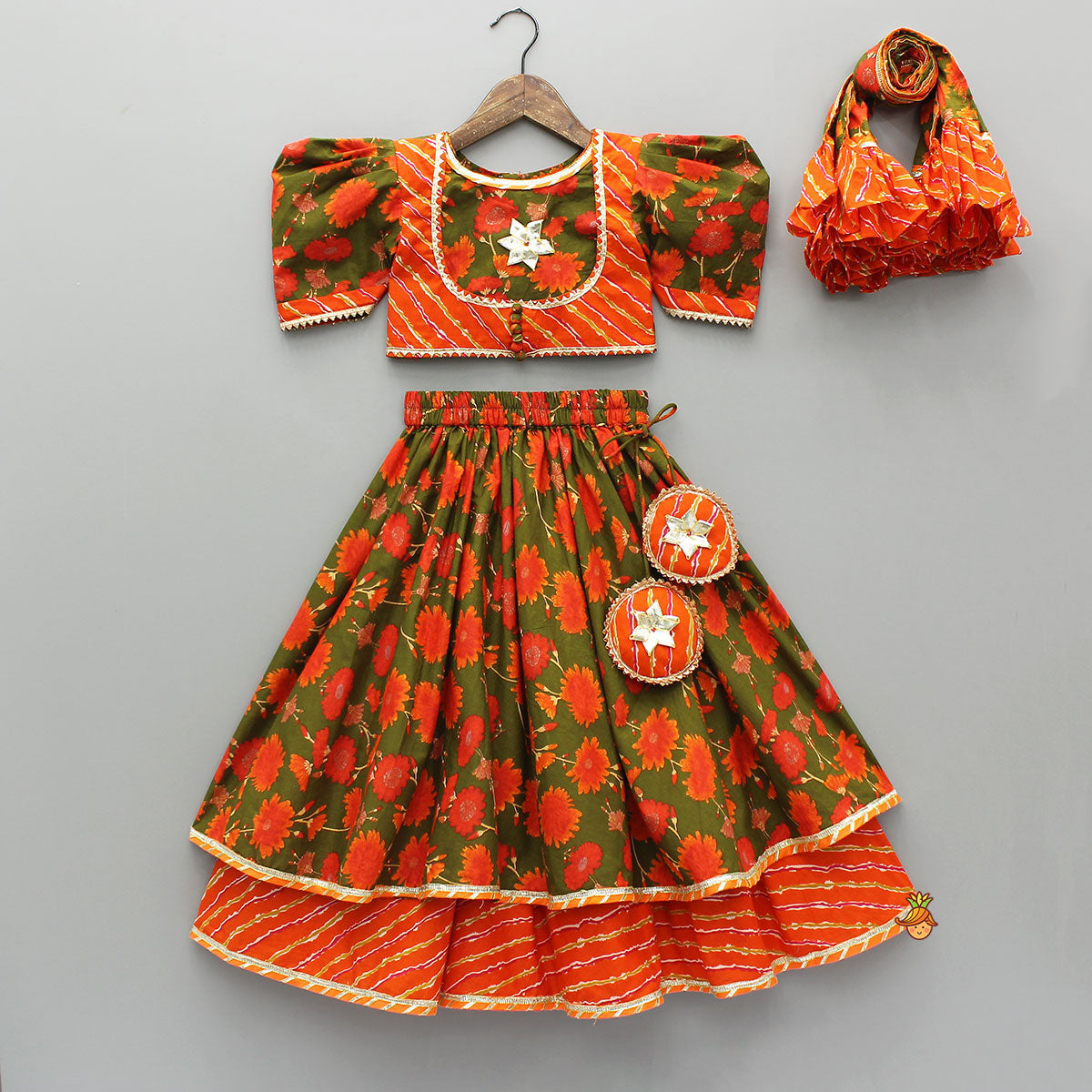 Pre Order: Leheriya Printed Jacket Style Top And Layered Lehenga With Ruffle Dupatta