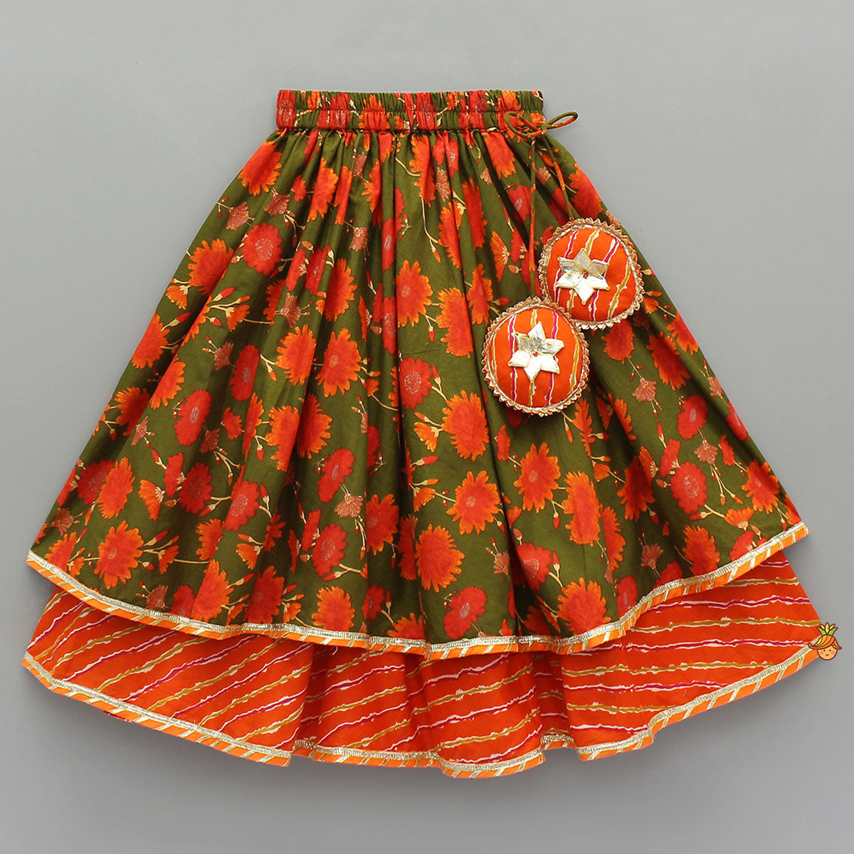 Pre Order: Leheriya Printed Jacket Style Top And Layered Lehenga With Ruffle Dupatta