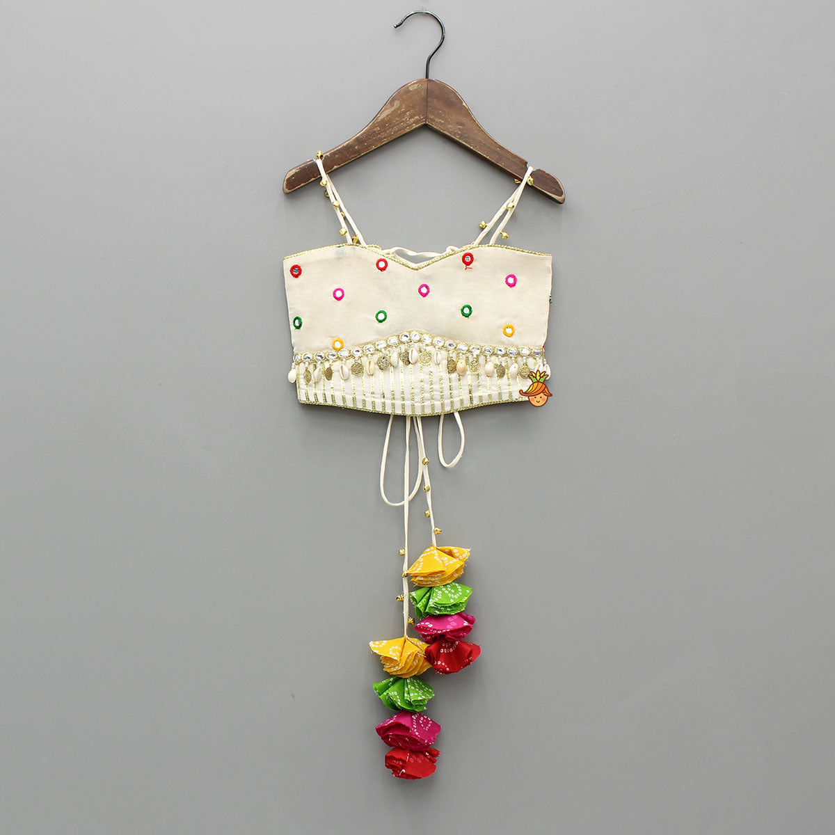 Exquisite Strappy Embellished Top With Multicolour Bandhani Printed Lehenga And Dupatta