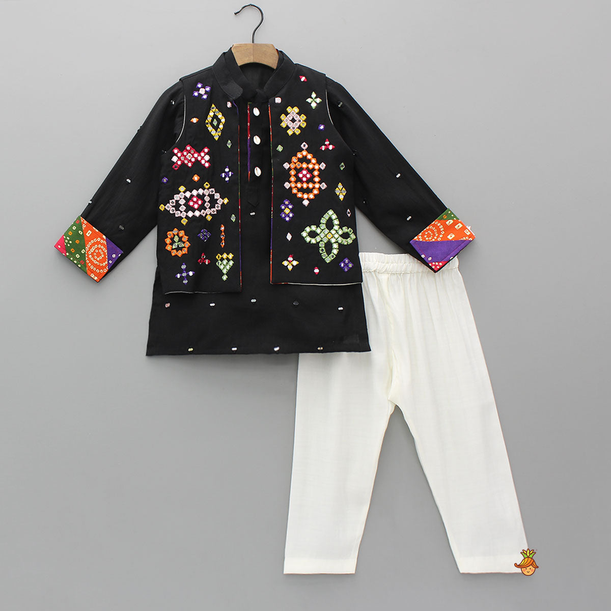 Pre Order: Mirror Work Kurta With Front-Open Jacket And Pyjama