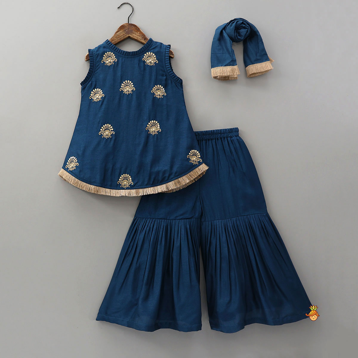 Pleat Detailed Zari Embroidered Kurti With Sharara And Dupatta