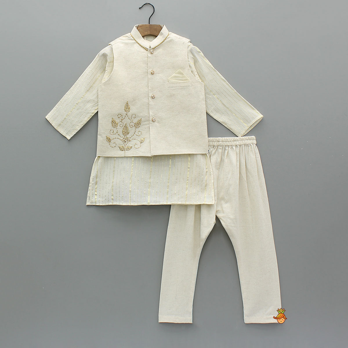 Lurex-Striped Kurta With Gota Leaf Work Jacket And Churidar