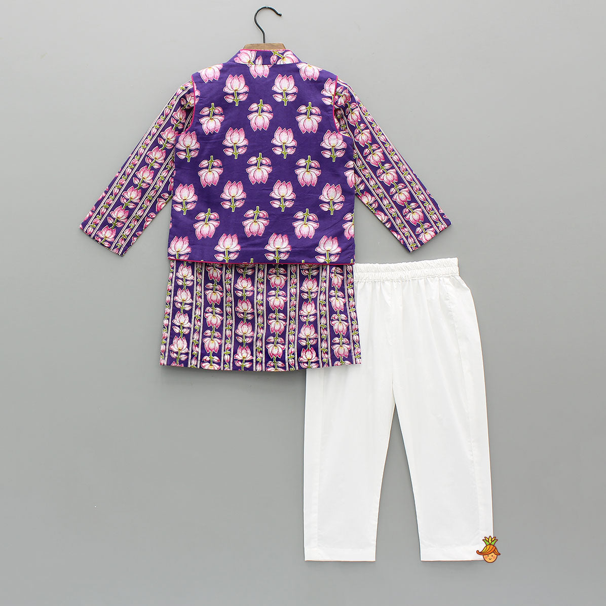 Pre Order: Lotus Printed Kurta With Scalloped Design Jacket And Pyjama