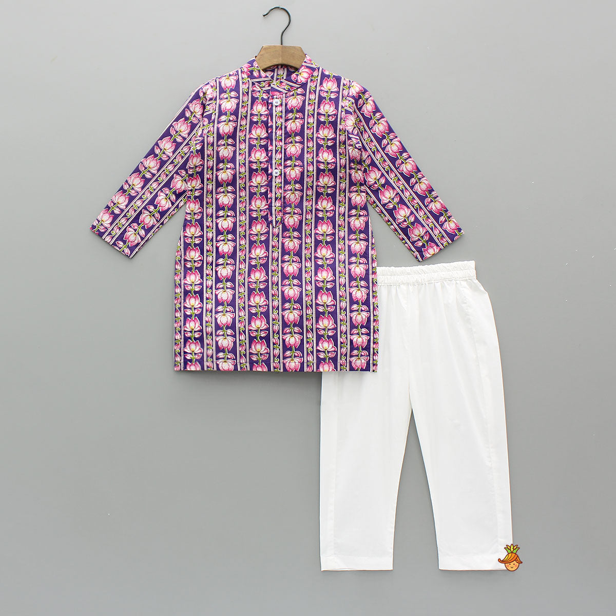 Pre Order: Lotus Printed Kurta With Scalloped Design Jacket And Pyjama