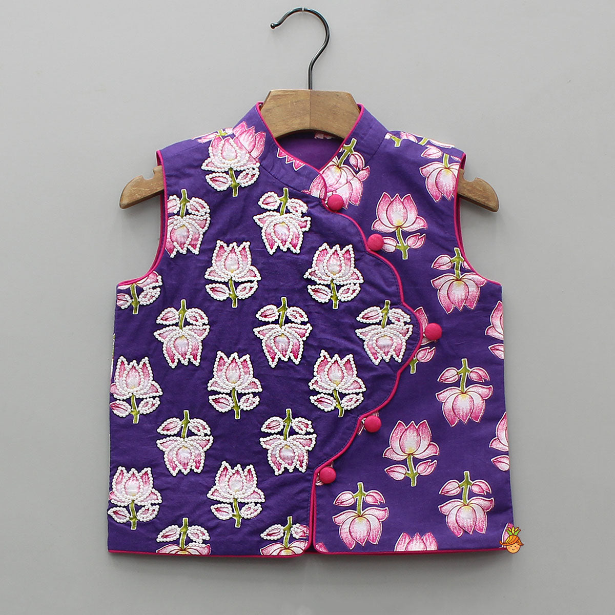 Pre Order: Lotus Printed Kurta With Scalloped Design Jacket And Pyjama