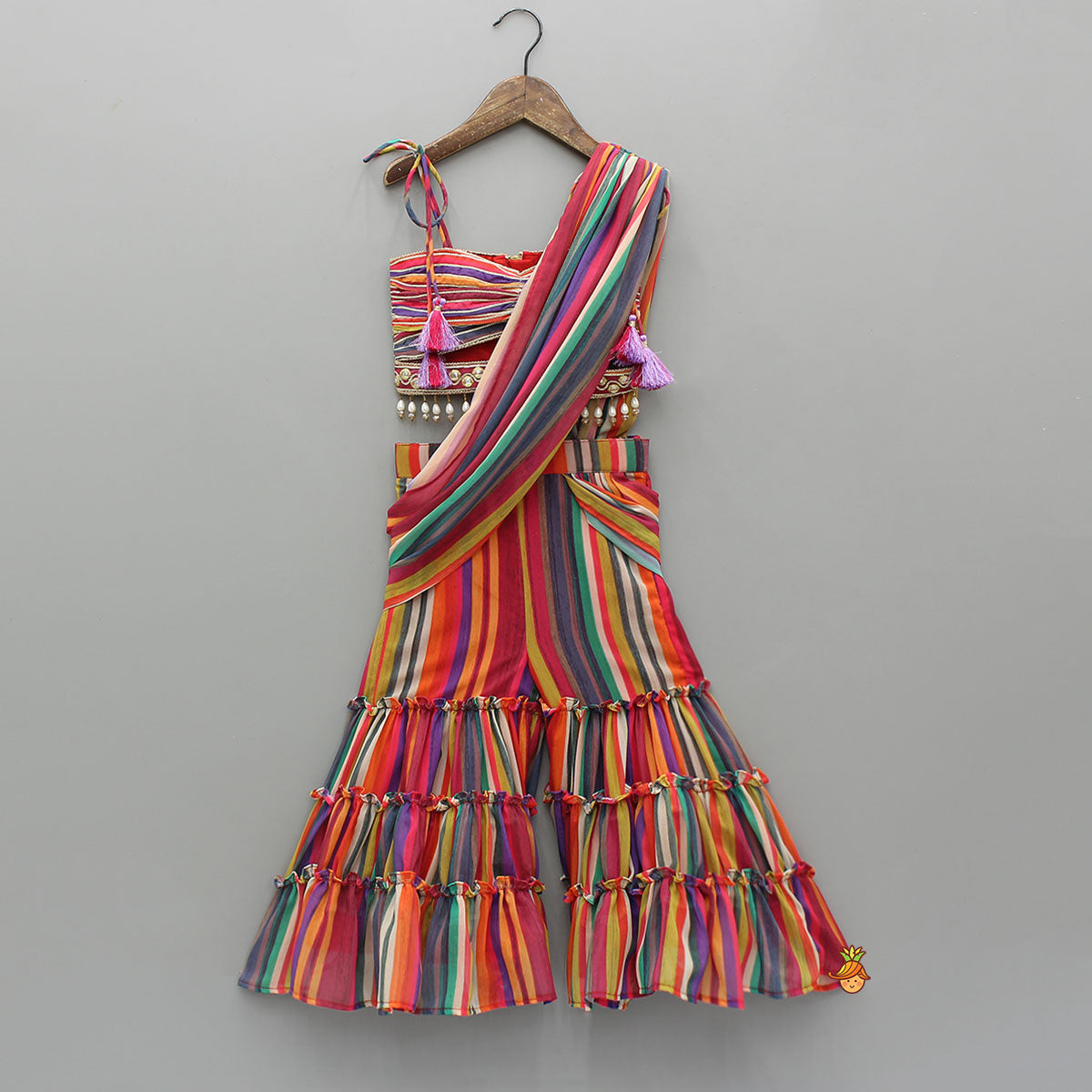 Pre Order: Gorgeous Striped Top With Tiered Sharara And Attached Drape Dupatta