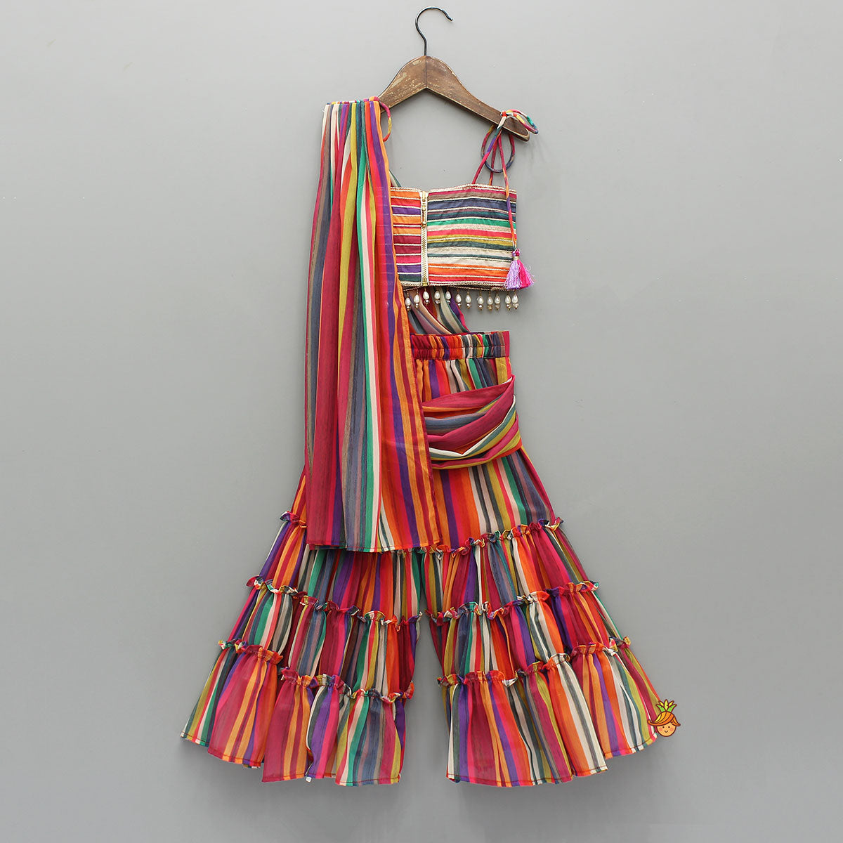 Pre Order: Gorgeous Striped Top With Tiered Sharara And Attached Drape Dupatta