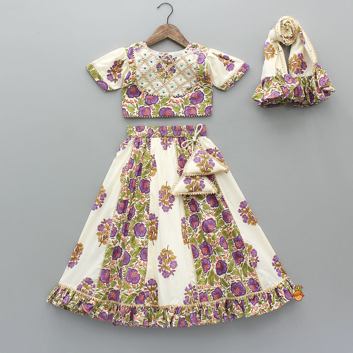 Pre Order: Checked Gota Lace Detailed Yoke Top And Floral Printed Lehenga With Matching Dupatta