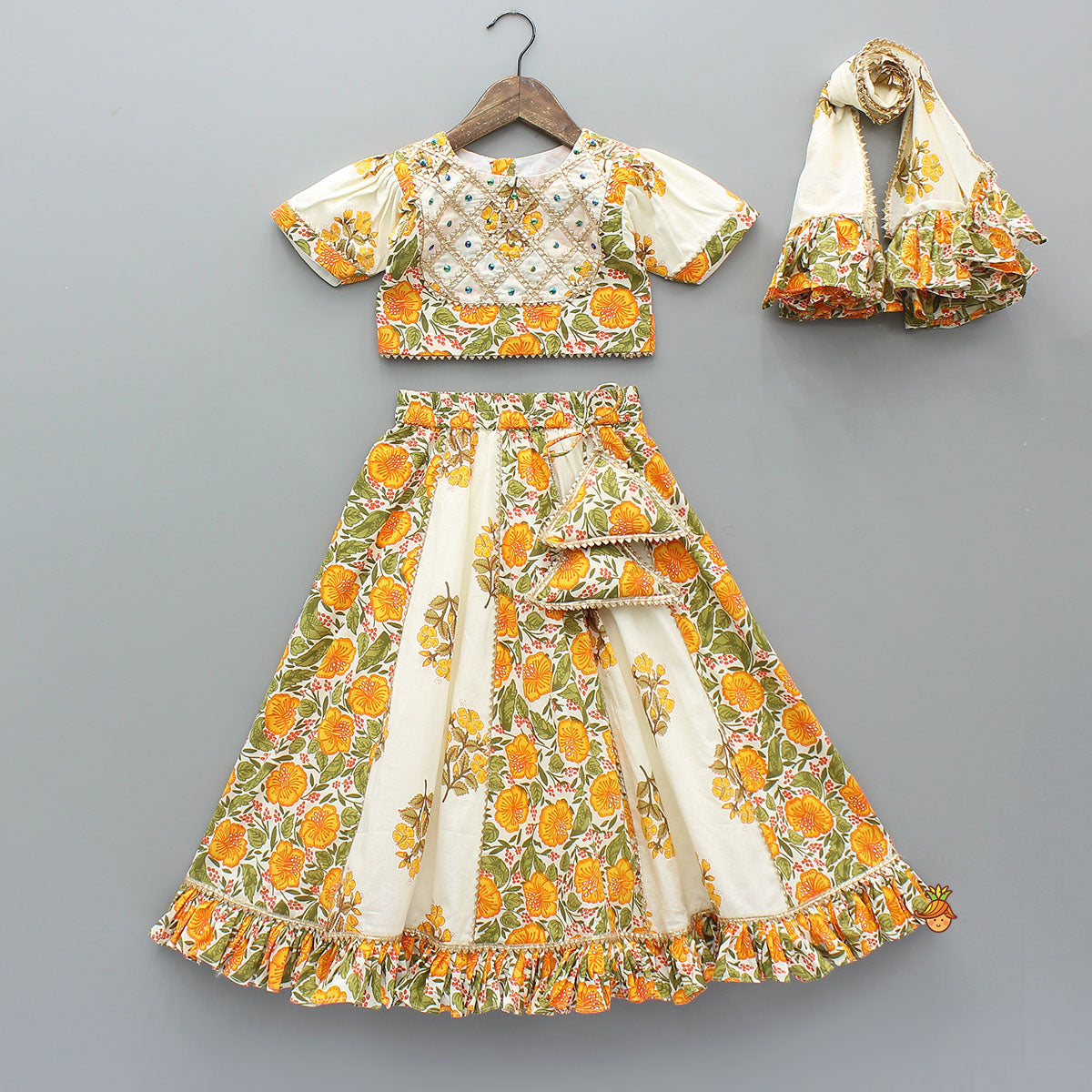 Pre Order: Checks Gota Work Yoke Top And Floral Printed Lehenga With Matching Dupatta