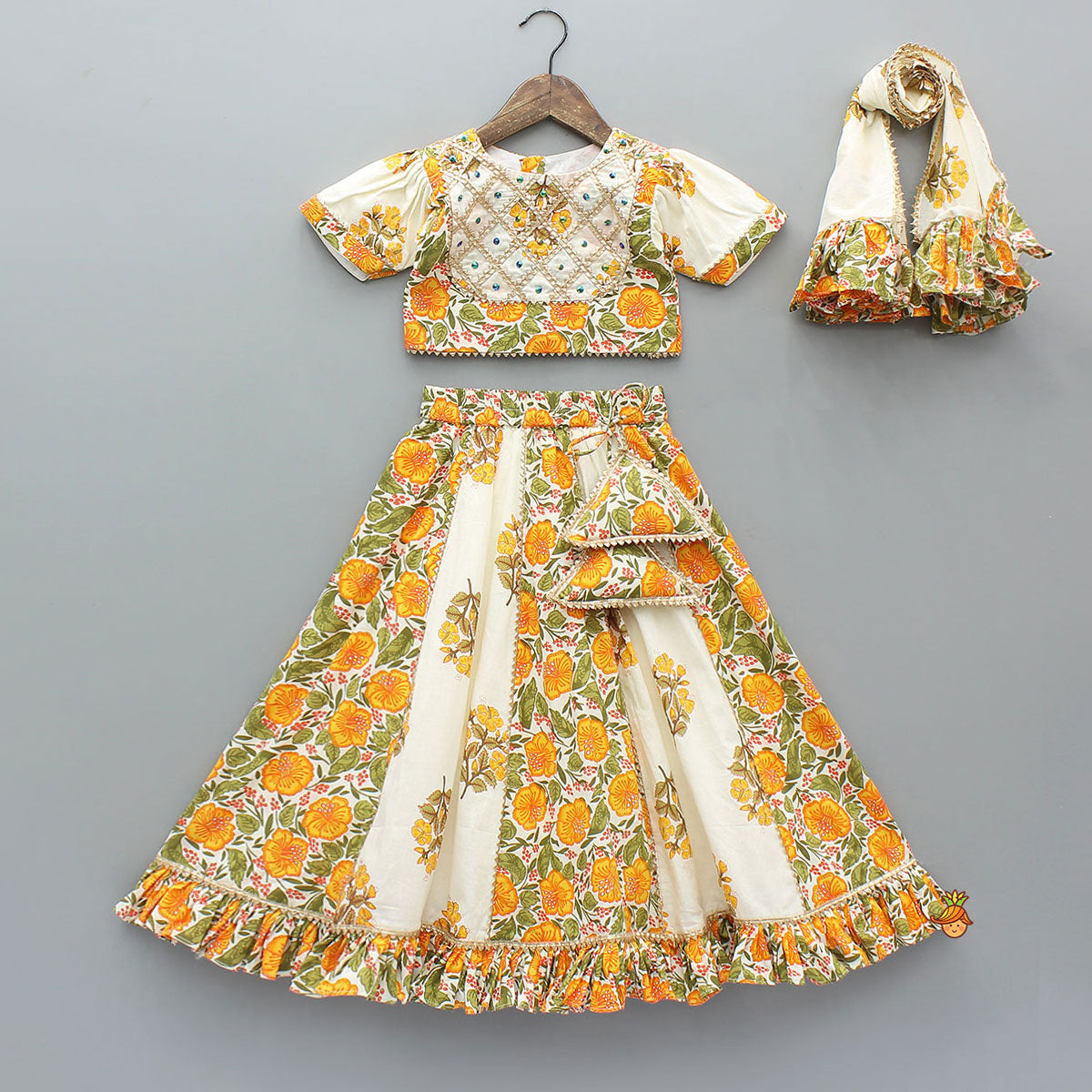 Checks Gota Work Yoke Top And Floral Printed Lehenga With Matching Dupatta