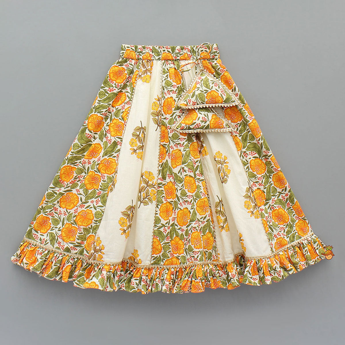 Checks Gota Work Yoke Top And Floral Printed Lehenga With Matching Dupatta