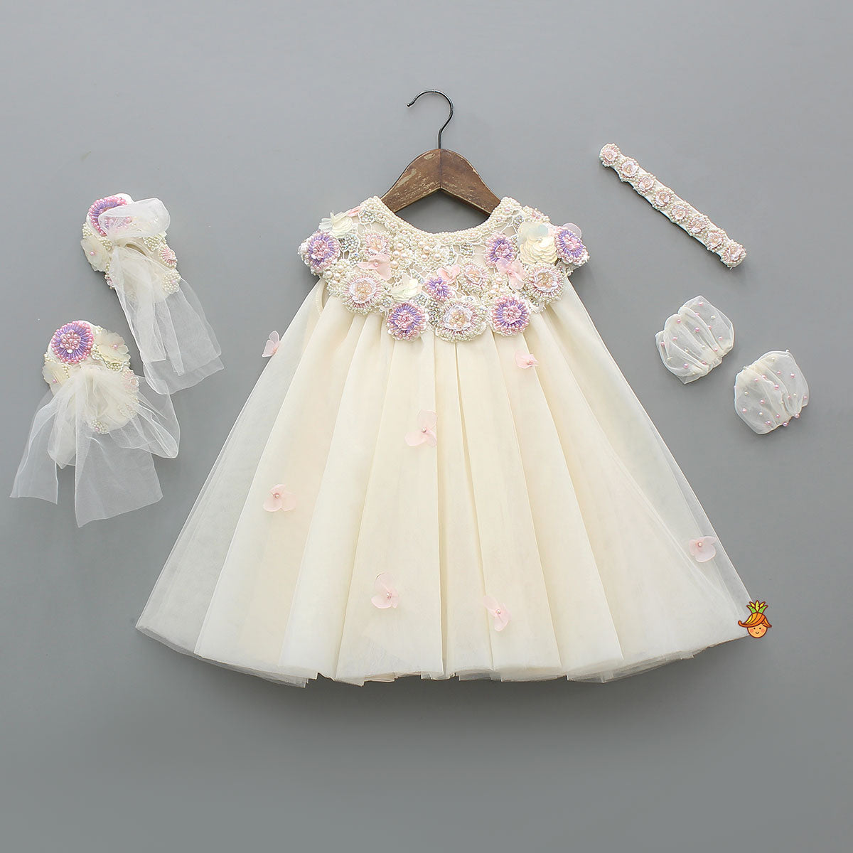 Pre Order: Yoke Embellished Flared Dress With Headband And Matching Booties With Mittens