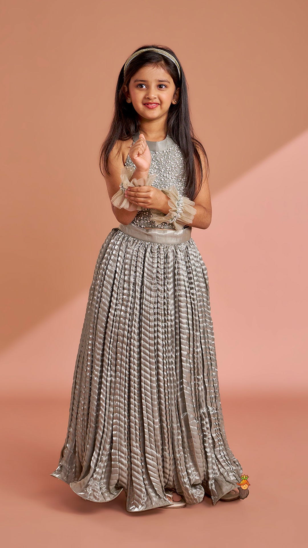 Pre Order: Gorgeous Open-Back Top And Crushed Lehenga With Wrist Cuff