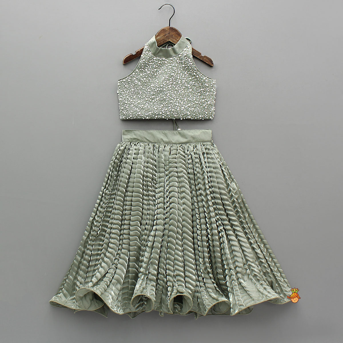 Pre Order: Gorgeous Open-Back Top And Crushed Lehenga With Wrist Cuff