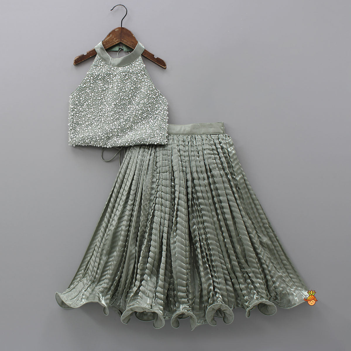 Pre Order: Gorgeous Open-Back Top And Crushed Lehenga With Wrist Cuff