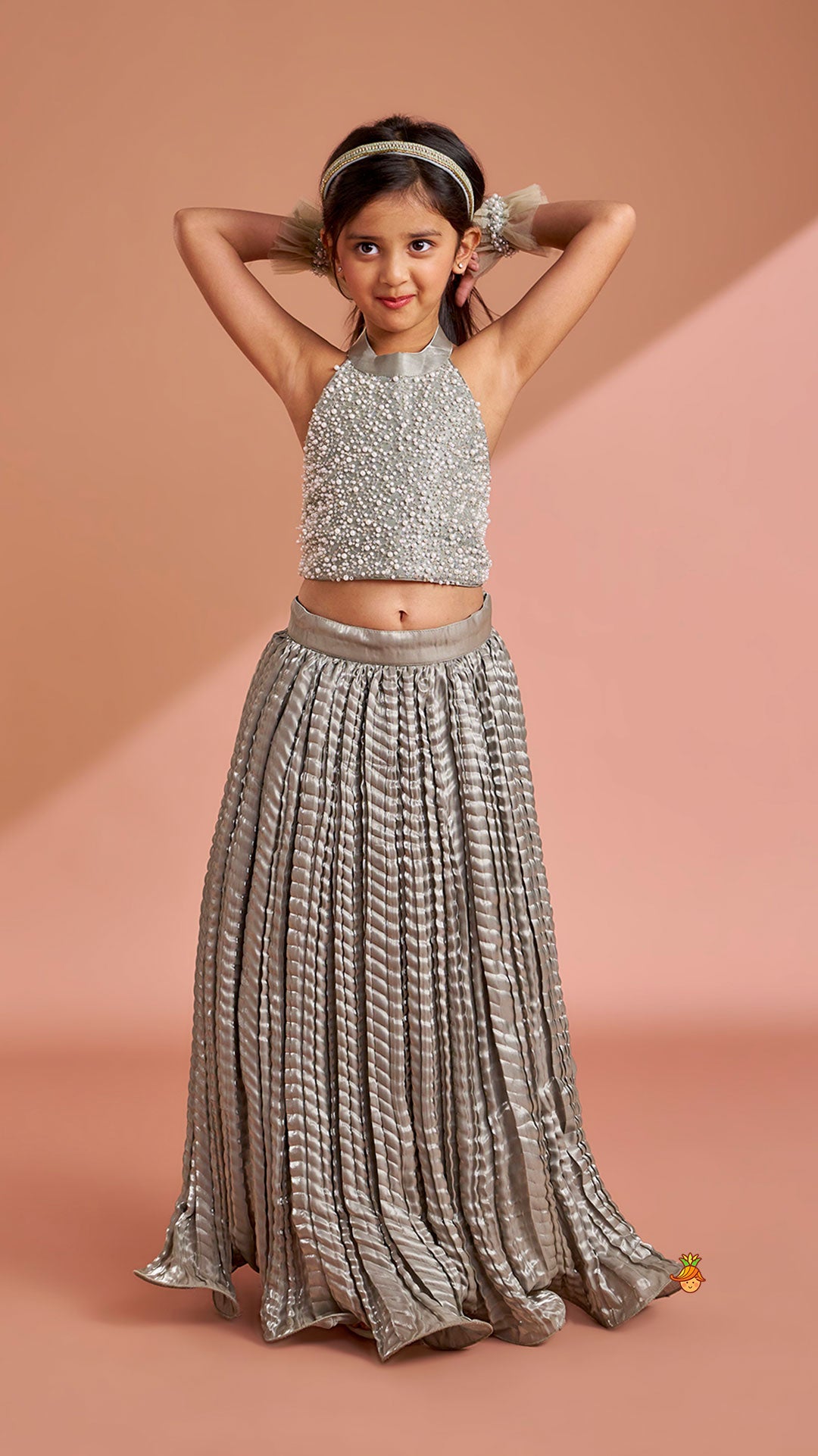 Pre Order: Gorgeous Open-Back Top And Crushed Lehenga With Wrist Cuff