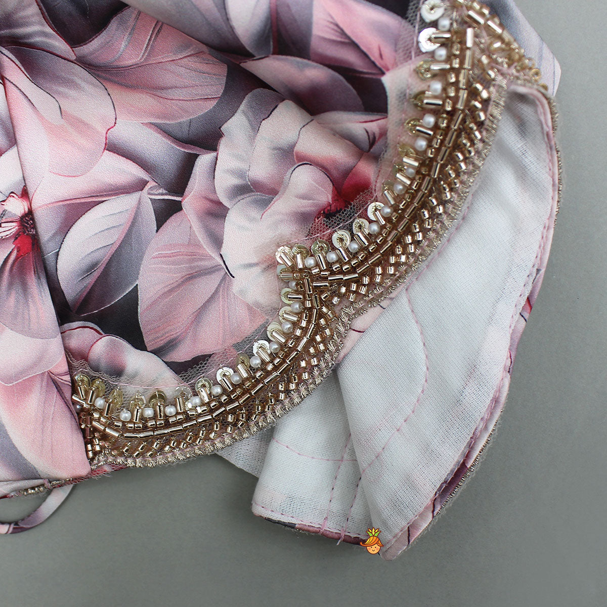 Pre Order: Printed Strappy Top And Graceful Layered Lehenga