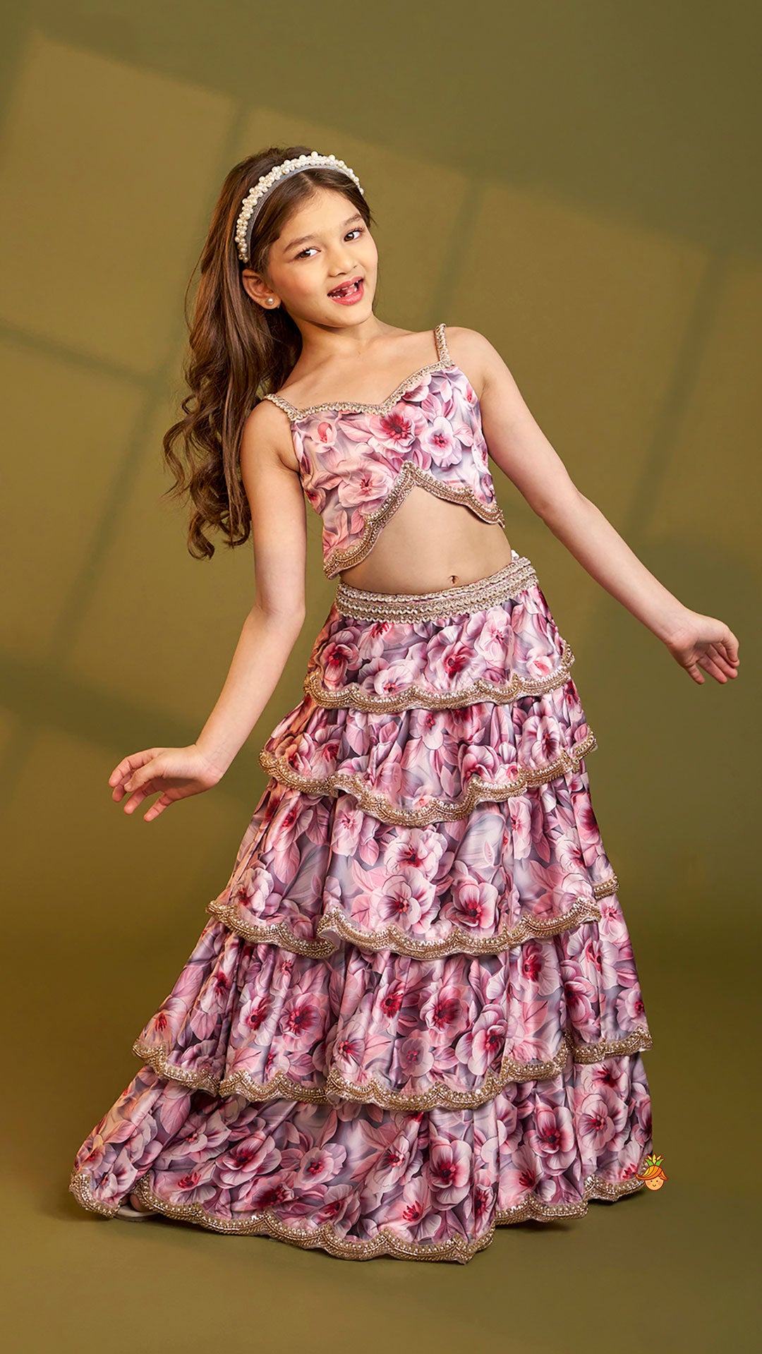 Pre Order: Printed Strappy Top And Graceful Layered Lehenga