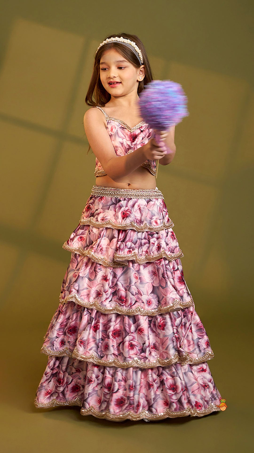 Pre Order: Printed Strappy Top And Graceful Layered Lehenga