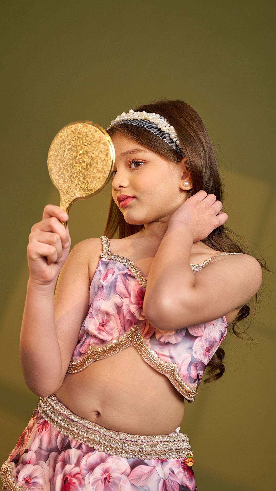 Pre Order: Printed Strappy Top And Graceful Layered Lehenga