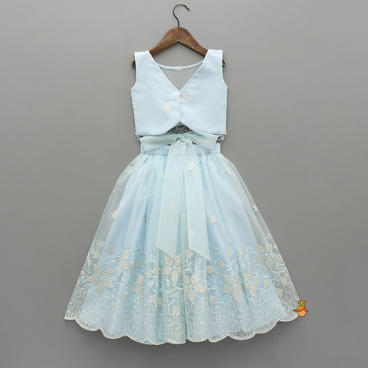 Pre Order: Organza Crop Top And Lehenga With Bow Hair Clip