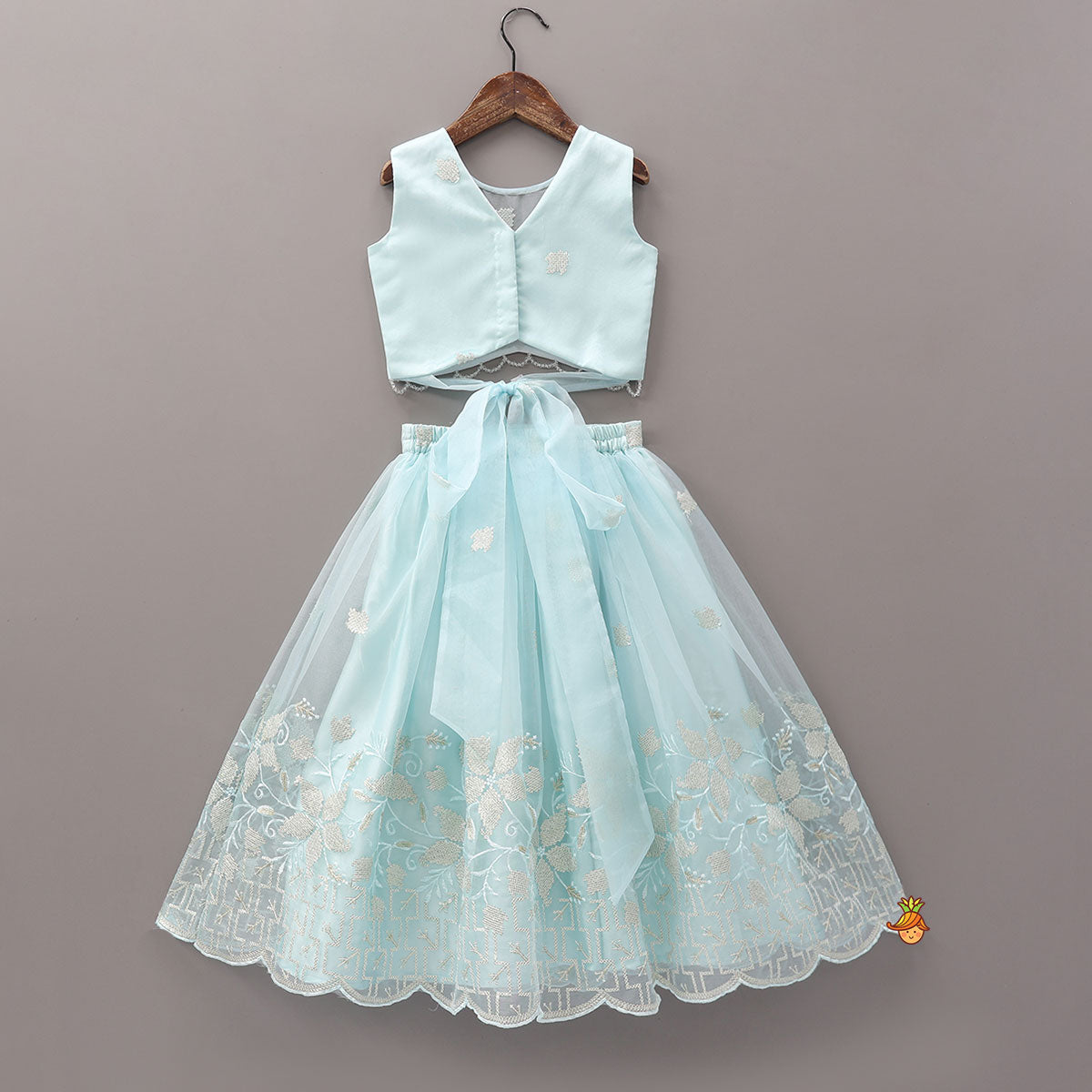 Pre Order: Organza Crop Top And Lehenga With Bow Hair Clip