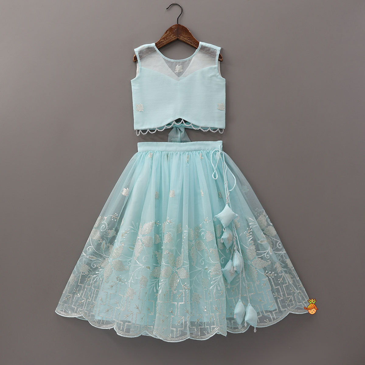 Pre Order: Organza Crop Top And Lehenga With Bow Hair Clip