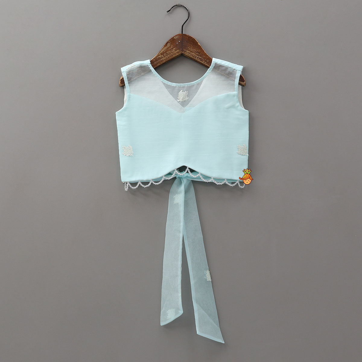Pre Order: Organza Crop Top And Lehenga With Bow Hair Clip
